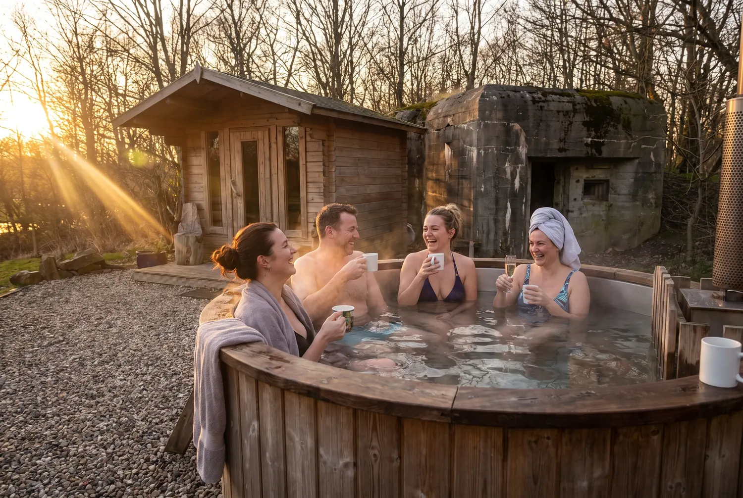 Vier Kollegen sitzen bei Abendsonne im dampfenden Hot Tub neben der Sauna