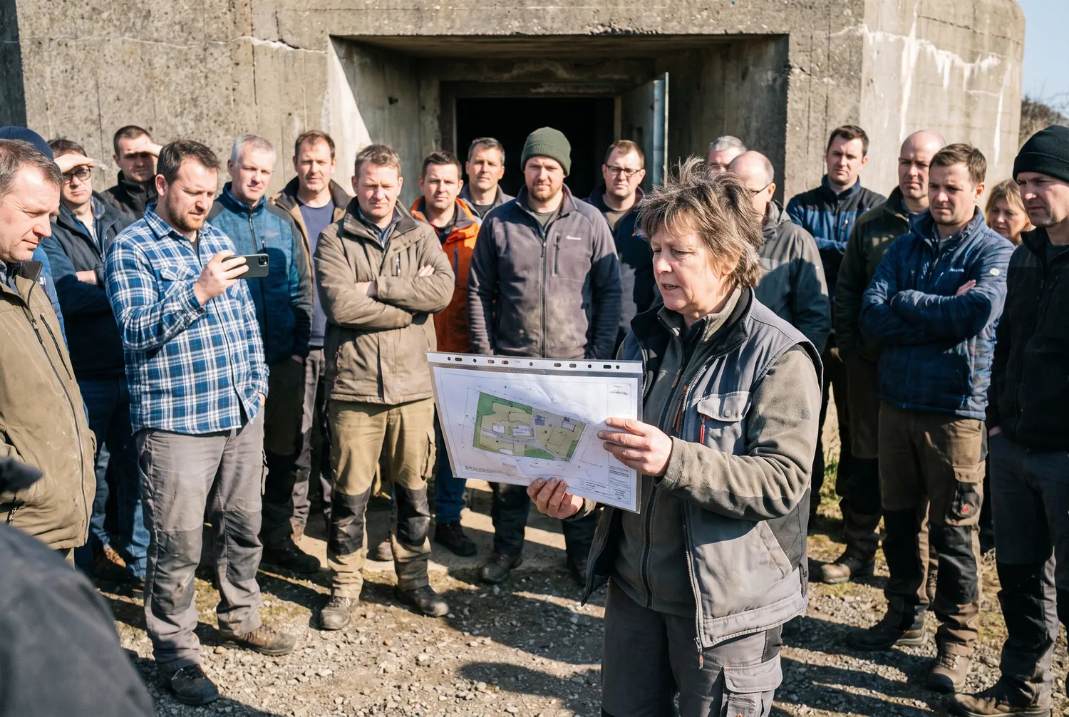 Briefing im Freien vor dem Bunkereingang, eine Frau hält einen Lageplan hoch