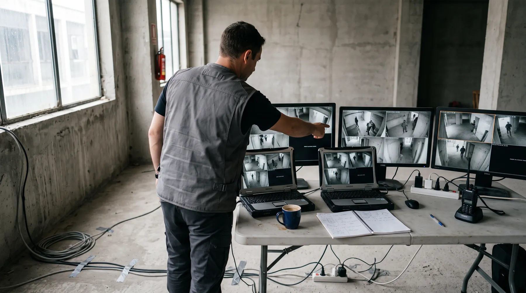 Auswertungsplatz mit Laptops und Monitoren, die Kameraaufnahmen zeigen