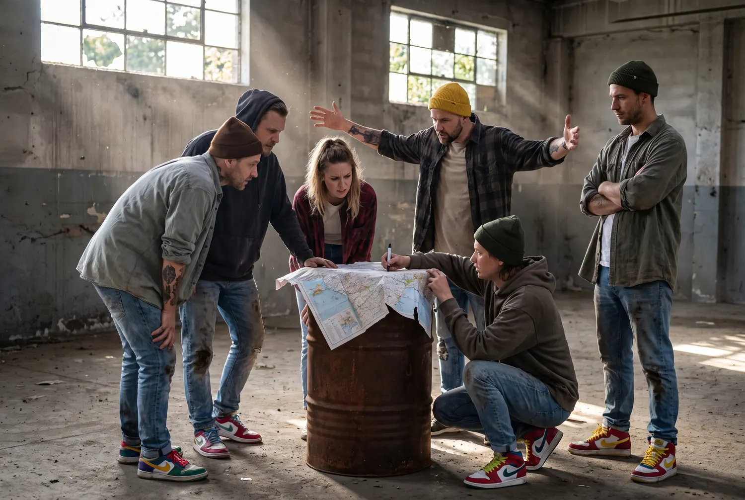 Kreativteam diskutiert über eine Karte auf einem Ölfass in einer verfallenen Halle