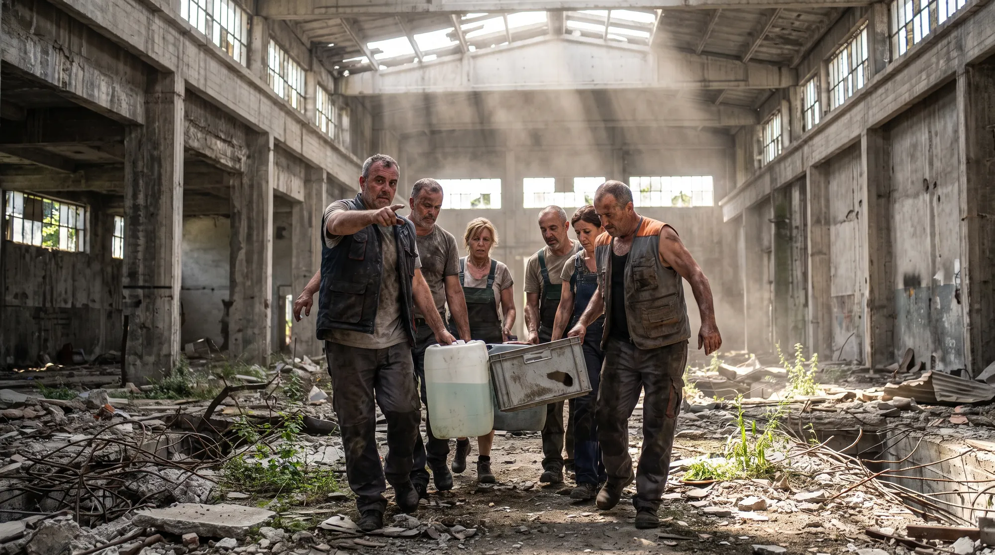 Team schleppt Wasserkanister und Metallkiste durch eine verfallene Betonhalle